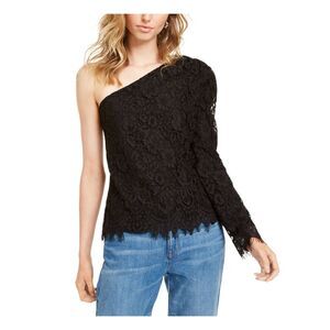 LEYDEN Womens Top Black Lace Long Sleeve Asymmetrical Neckline Party Juniors L